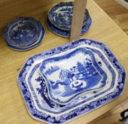 A group of six 18th / 19th century Staffordshire Masons and Caughley blue and white dishes largest -