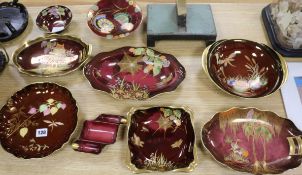 Nine Carlton Ware Rouge Royale lustre dishes including a Flower and Falling leaf pattern 3949