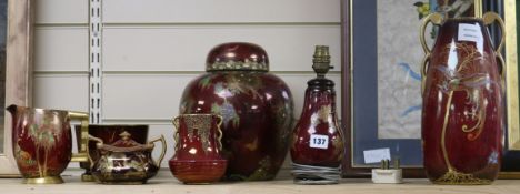 Carlton Ware red mottled lustre - a Paradise bird & tree ginger jar and cover, three vases, a lamp