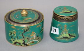 Two Carlton Ware silver mounted Temple pattern emerald green jars and covers, retailers mark GB &