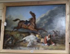 English School, oil on canvas, cavalier thrown from a horse, 60 x 81cm