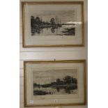 R. Halfknight, pair of engravings, churches beside rivers, signed in pencil, 37 x 56cm