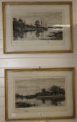 R. Halfknight, pair of engravings, churches beside rivers, signed in pencil, 37 x 56cm
