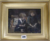 English School, oil on board, study of two seated children, 16 x 21cm