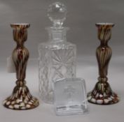 A pair of marbled overlay glass baluster candlesticks and two other items, including a square