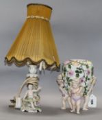 A Sitzendorf floral and putti centrepiece and a German floral encrusted lamp height 42cm