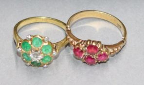 A gold diamond and emerald cluster ring, marks rubbed, size K and a 9ct gold gem set ring, size O