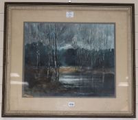 Peter Perkins, watercolour and ink, birch trees beside a river, signed, 16 x 20in.