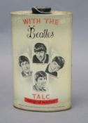 A tin of Beatles talc height 18.5cm