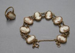 A 9ct gold oval cameo ring and a similar bracelet set with eight cameos.