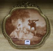 After Watteau, sepia print, in ornate ribbon capped frame, overall 48 x 42cm