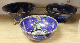 Three Carlton Ware Royal blue lustre bowls, cranes and bamboo pattern 2922, butterflies and