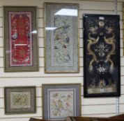 Six framed 20th century Chinese embroidered panels largest 82 x 35cm
