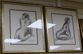 Rosemary Pavey, pair of charcoal drawings, kneeling nudes, signed, 46 x 39cm