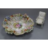 A floral encrusted dish and miniature chair dish diameter 24cm