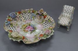 A floral encrusted dish and miniature chair dish diameter 24cm