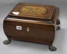 A Regency rosewood sewing box and small sewing items length 32cm