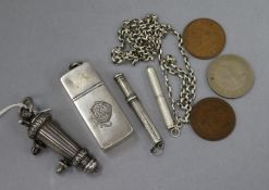 A rifleman's light infantry whistle, vesta, two silver pencils and three coins