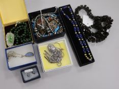 A collection of jade, silver, costume and other jewellery, including a jade bead necklace, a jade