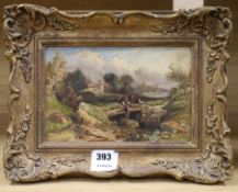 19th century English School, oil on board, figures by a brook, 14 x 22cm