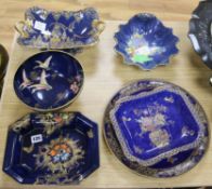 Five Carlton Ware mottled blue dishes and a bowl including Basket of Flowers pattern 2184 largest