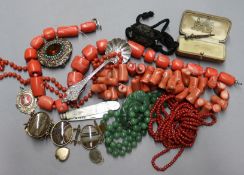 A group of assorted jewellery including coral necklace, quartzite necklace and banded agate