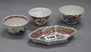 Two 18th century Chinese teabowls, a spoon tray and one other teabowl tray length 12.5cm