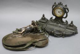 An inkstand desk timepiece and an Art Nouveau style tray timepiece height 17cm