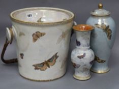 A Carlton Ware Armand 'Butterfly' lustre slops pail and two similar vases tallest 29cm (3)