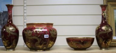 Carlton Ware 'dragon and cloud' ruby lustre pottery, pattern no. 2818 - a pair of bottle vases, an