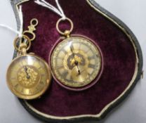 A Continental 18k gold keywind fob watch with gilt dial, diameter 1.5in, in original leather case
