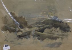 After Paul Nash, colour lithograph, bomber in flight, 41 x 34cm, unframed