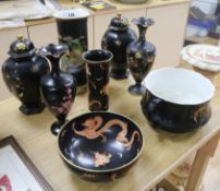 Carlton Ware black ground wares - six vases and a bowl tallest 31cm
