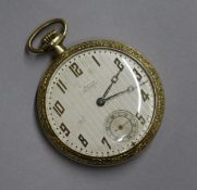 An 'Imperial' gold-plated keyless open face pocket watch, having silvered dial with gilt Arabic