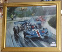 Michael Maule, oil on board, Formula 1 racing scene, signed and dated July '74, 40 x 50cm