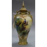 A Royal Worcester 'peacock' vase and cover height 33cm