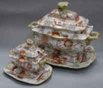 A Mason's ironstone soup tureen, cover and stand and a matching sauce tureen, cover and stand