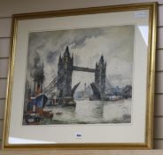 Frank Will, watercolour and pencil, Tower Bridge, London, signed and dated '36, 45 x 54cm