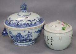 A Chinese famille rose kamcheng, Republic period and a Qianlong blue and white tureen and cover