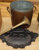 A Boosey & Co coaching horn, a cast iron bootscraper and a copper pan