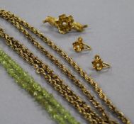 A 9ct gold ropetwist link chain, 15 grams, a flower brooch and earrings set with pearls, stamped