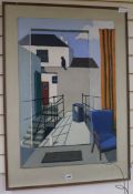 Michael Alford, oil on board, back alley with cat on a wall, 76 x 51cm