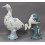 Two large David Sharp Rye pottery figures of a flamingo a gull tallest 34cm