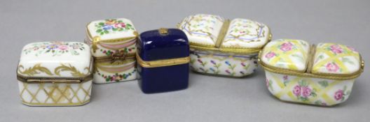 Five Limoges porcelain boxes, various, all gilt metal mounted and including a flower and swag-