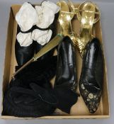 A 1920's black silk shoes, two other pairs of shoes, a cloch hat, gloves, an evening bag and a paper