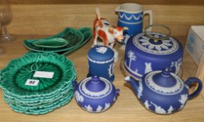 A quantity of Wedgwood jasperware and green leaf plates and cow creamer