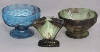 Three items of cloud glass, possibly George Davidson, including a purple/green fan-shaped footed