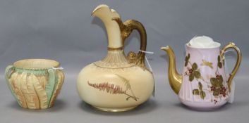 A Royal Worcester blush ivory jug and three-handled vase and a Limoges coffee pot, the jug of ewer