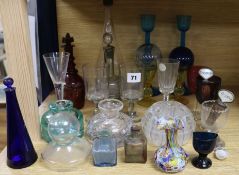 A group of coloured and clear glass, a rare Nailsea type flask with lampwork AB1824 tallest 33cm