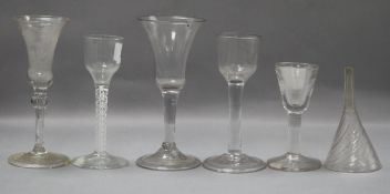 Five 18th century drinking glasses and a wine funnel tallest 16.5cm